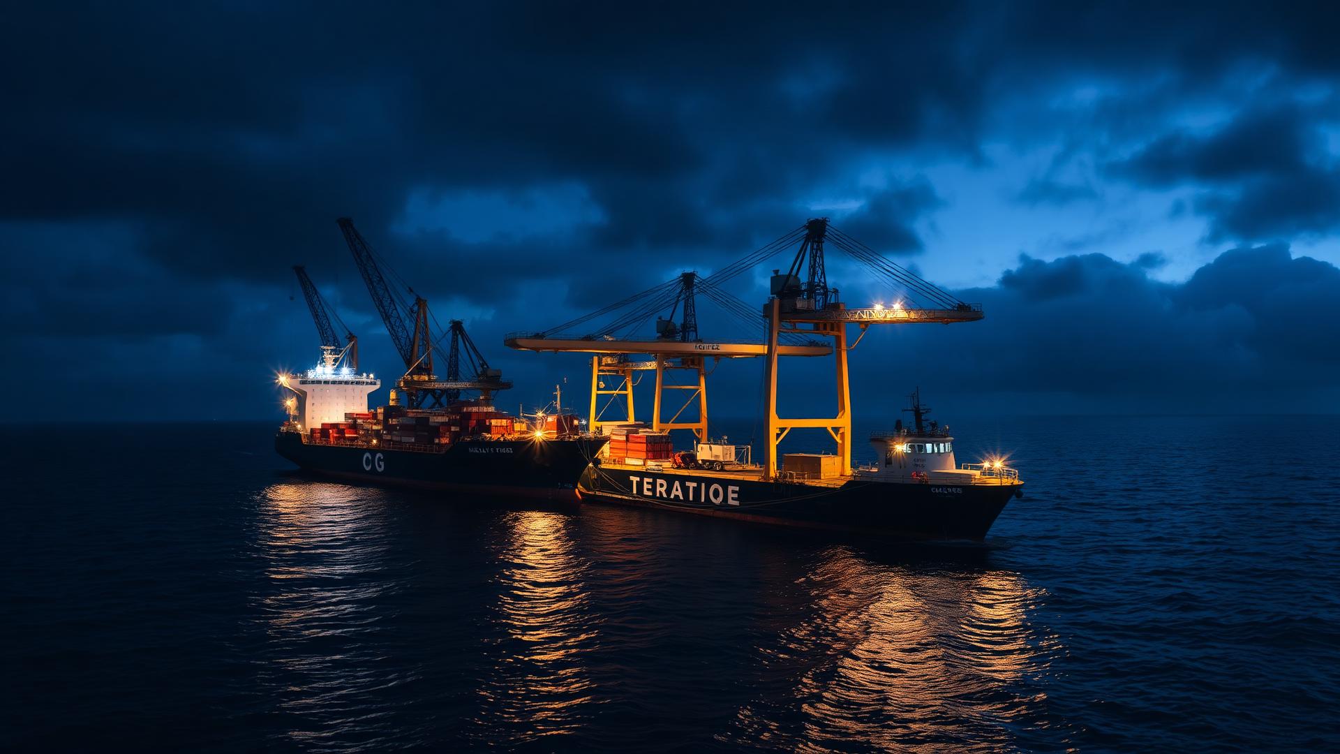Maritieme haven met offshore kranen en schepen bij blauw uur